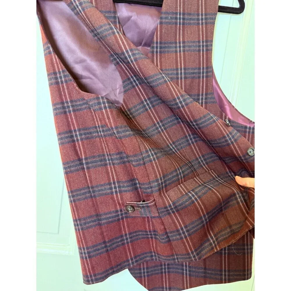 Paul Fredrick Deep Purple Dark Grey Plaid Men's Wool Vest Size 40